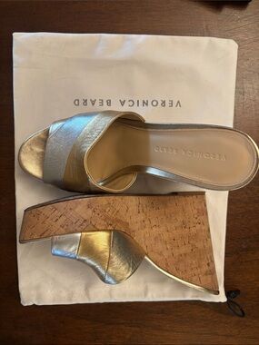 Veronica Beard Gold and Silver Metallic Cork Wedge Slide Sandals